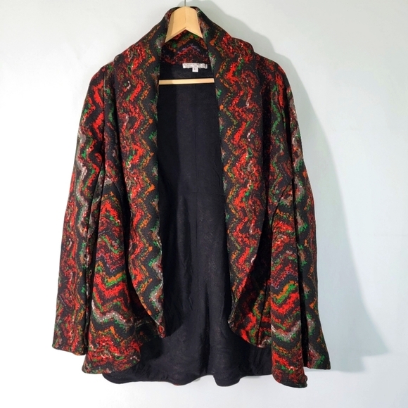 ALBERTO MAKALI Women's Open Front Cardigan Sz L Red Multi Wool Blend Chevron - Picture 12 of 12